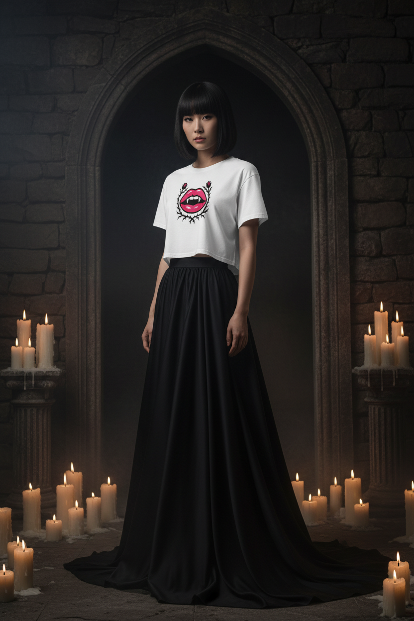 Model wearing the Gothic Rose Lips Crop Top in a gothic candlelit scene with a black skirt