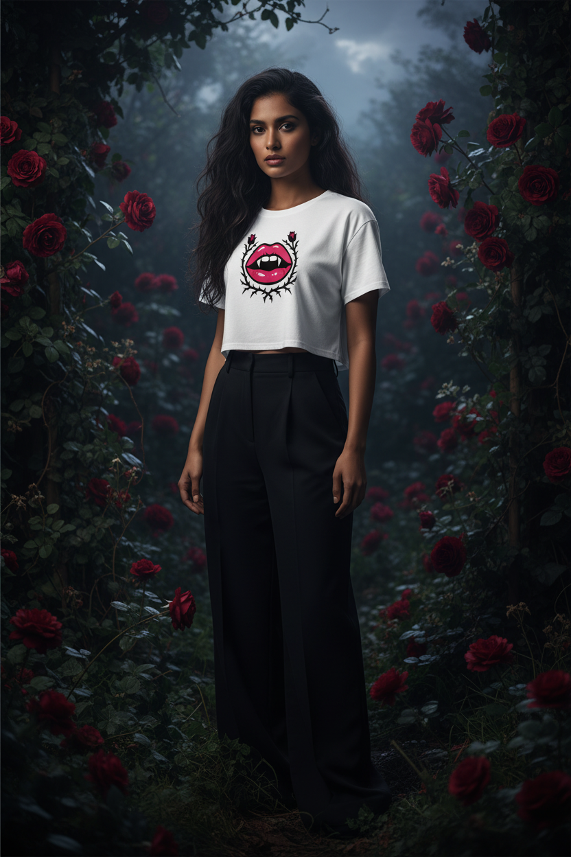 Model wearing the Gothic Rose Lips Crop Top in front of a dark rose wall