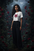Model wearing the Gothic Rose Lips Crop Top in front of a dark rose wall