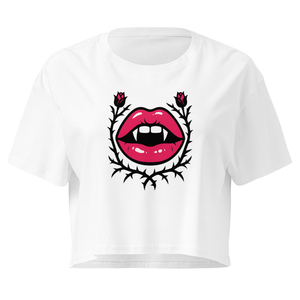 Gothic Rose Lips white crop top front product mockup with pink vampire lips, roses and thorn vine graphic