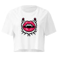 Gothic Rose Lips white crop top front product mockup with pink vampire lips, roses and thorn vine graphic
