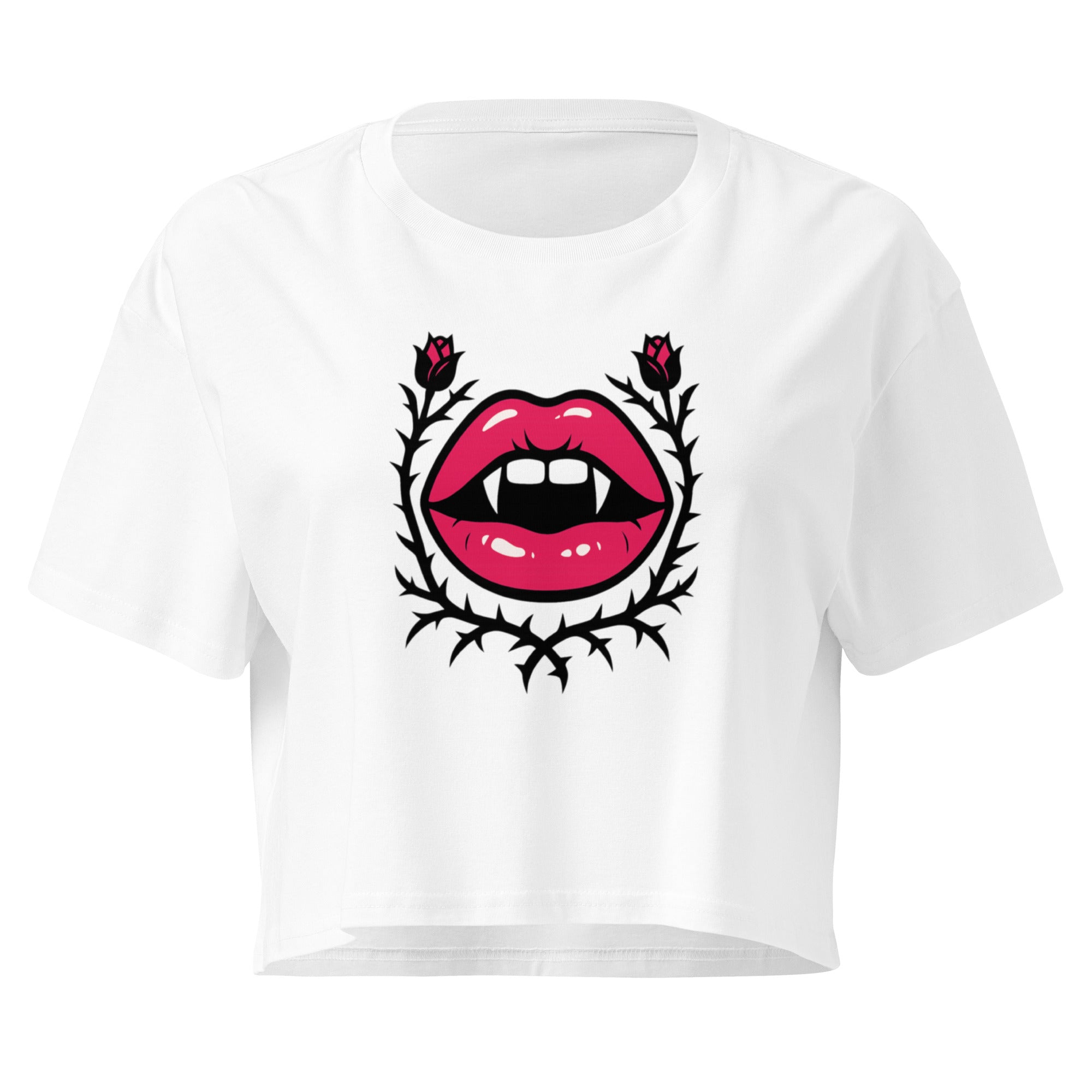 Gothic Rose Lips white crop top front product mockup with pink vampire lips, roses and thorn vine graphic