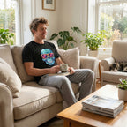 Man sitting on a couch holding a mug in a cozy living room with plants and a cat.