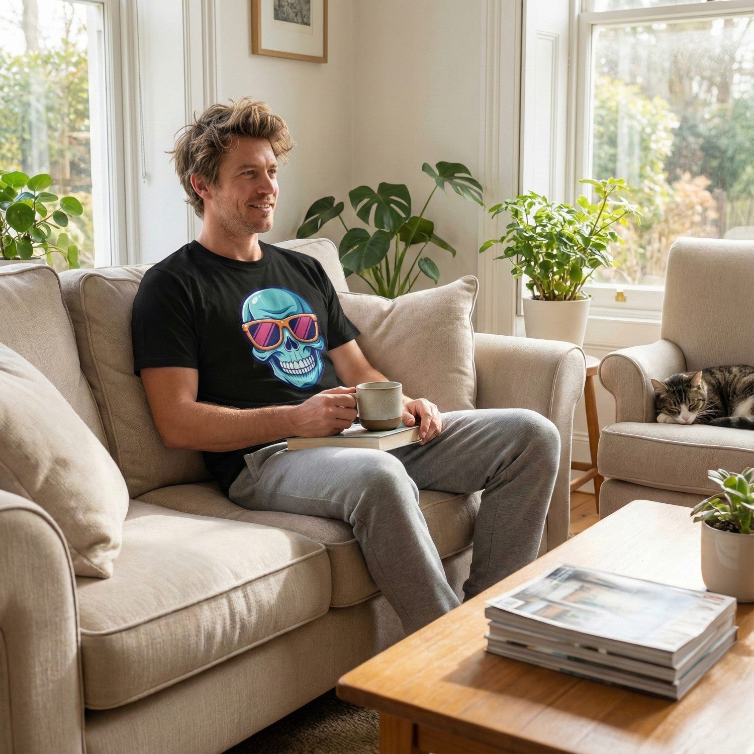 Man sitting on a couch holding a mug in a cozy living room with plants and a cat.