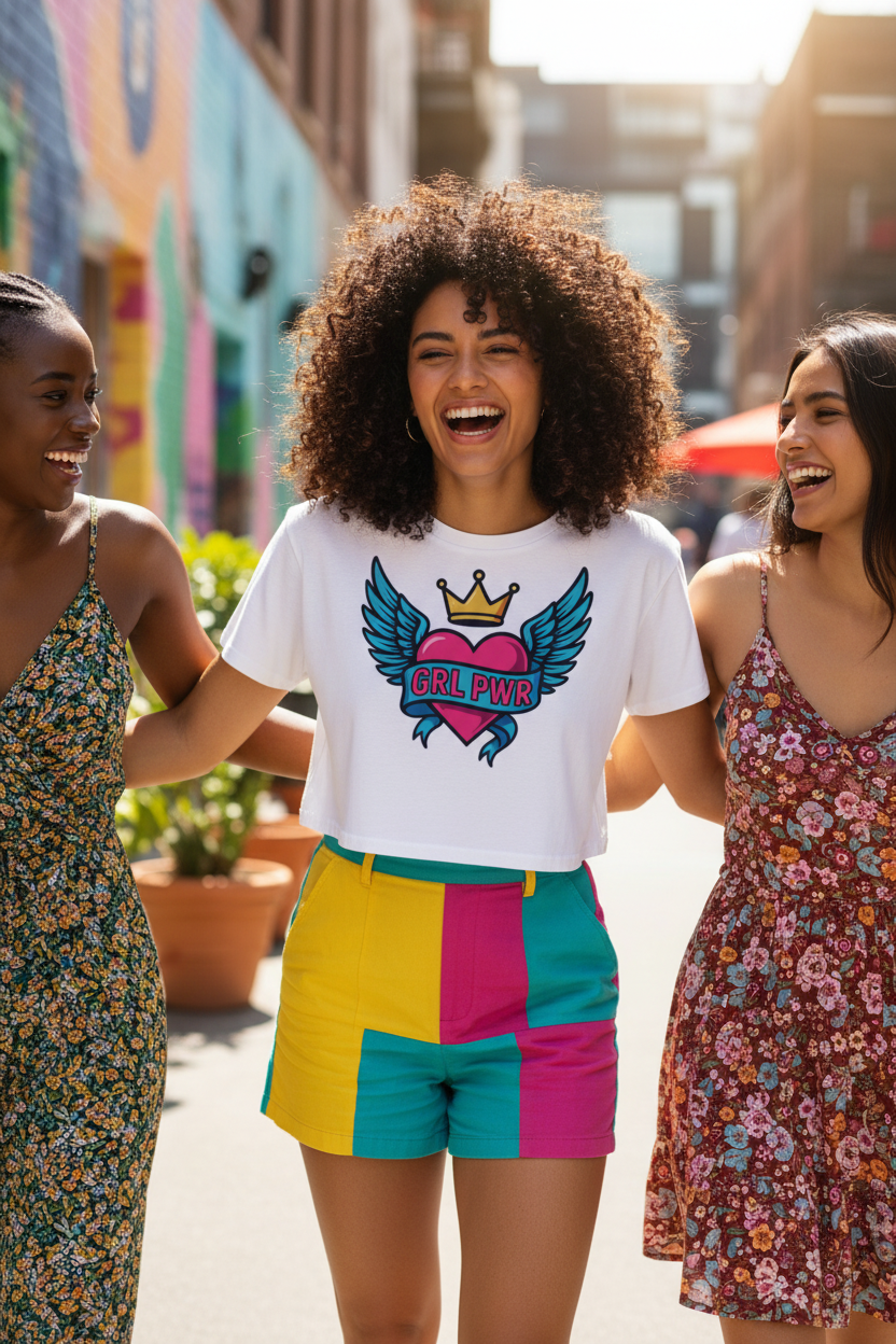 Model wearing the GRL PWR Winged Heart Crop Top with colourful shorts in an outdoor scene