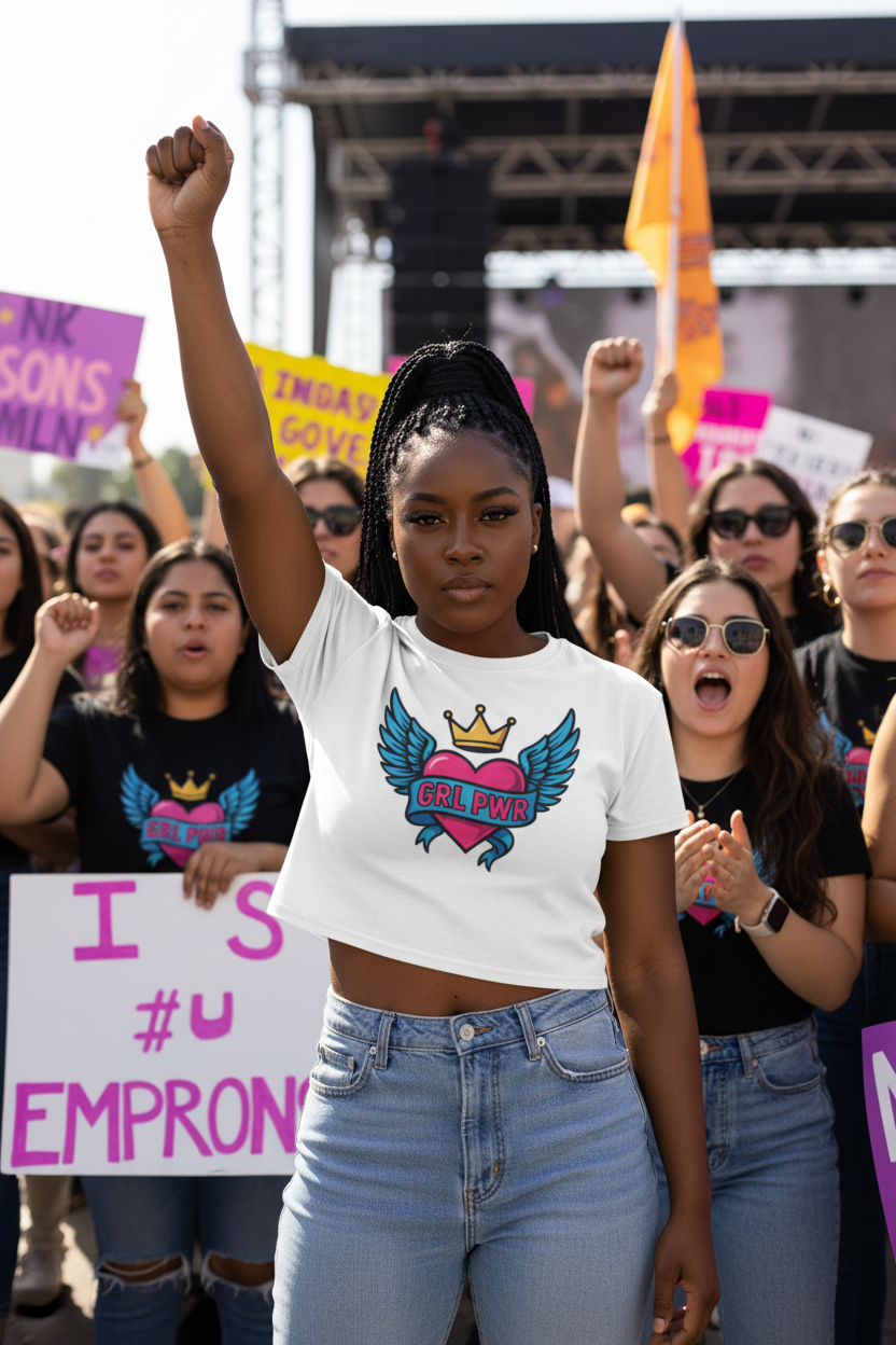 Model wearing the GRL PWR Winged Heart Crop Top at an empowerment rally scene