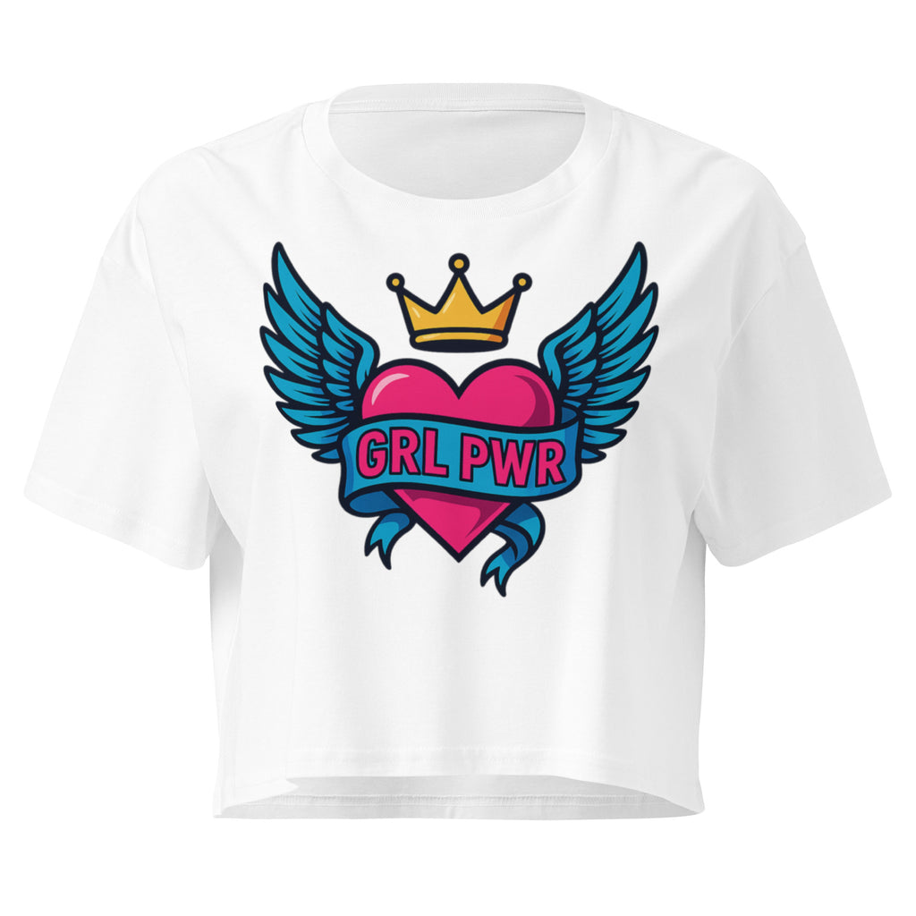 GRL PWR Winged Heart white crop top front product mockup with pink heart, blue wings and crown graphic