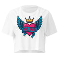 GRL PWR Winged Heart white crop top front product mockup with pink heart, blue wings and crown graphic
