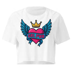 GRL PWR Winged Heart white crop top front product mockup with pink heart, blue wings and crown graphic