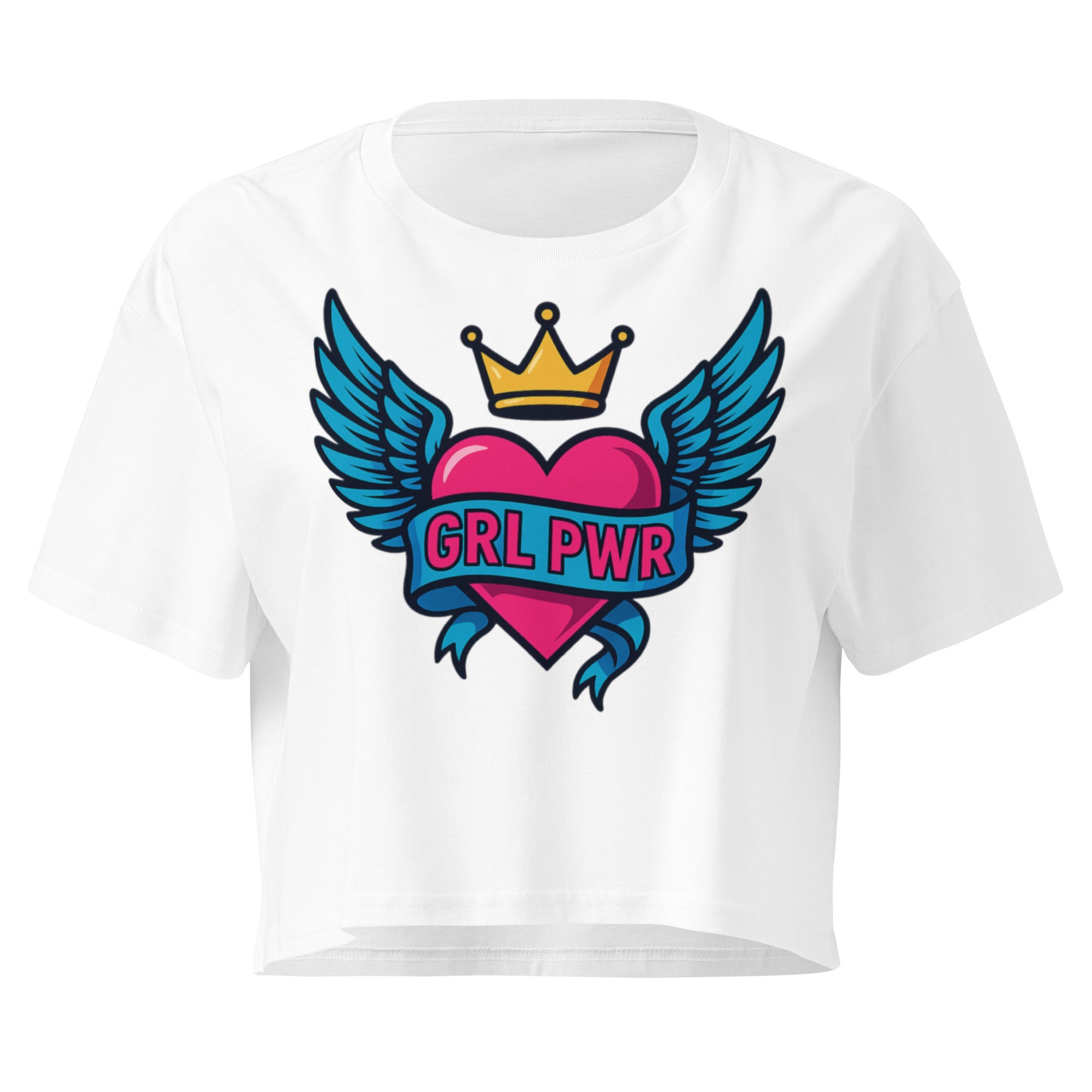 GRL PWR Winged Heart white crop top front product mockup with pink heart, blue wings and crown graphic