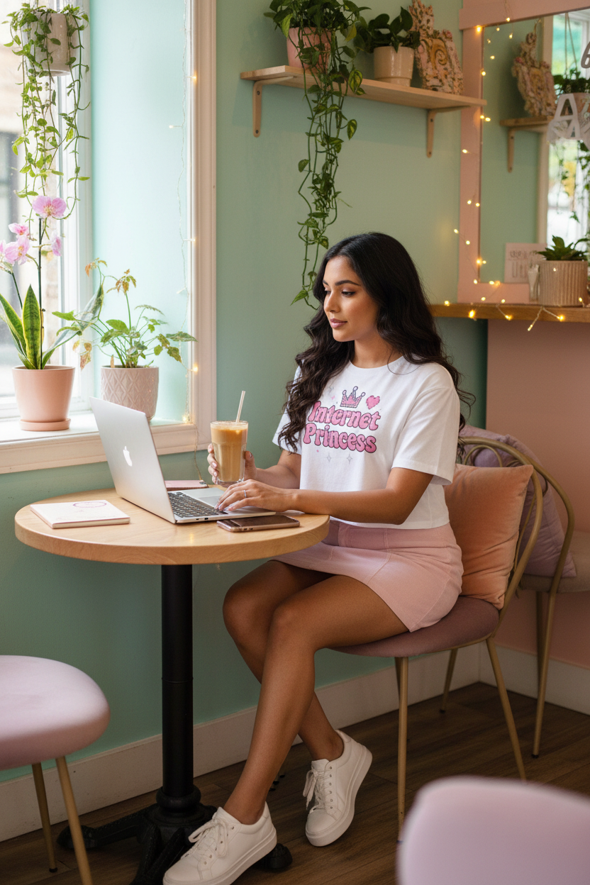 Model wearing the Internet Princess Crop Top seated at a cafe table