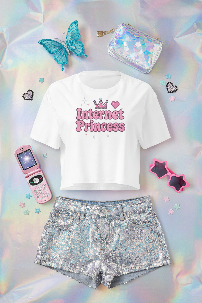 Internet Princess Crop Top flat lay styled with a silver skirt and pastel accessories