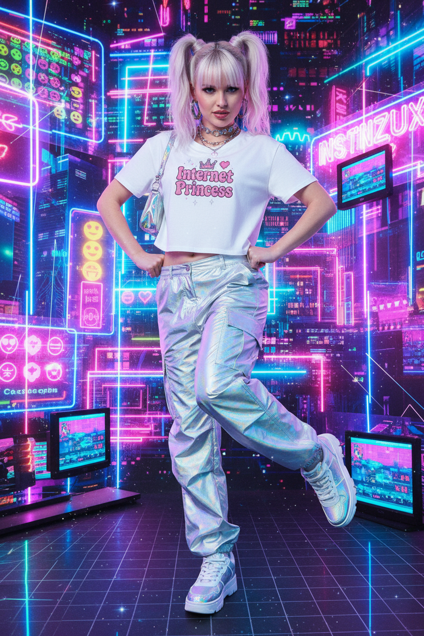 Model wearing the Internet Princess Crop Top in a colourful neon arcade scene