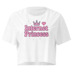 Internet Princess white crop top front product mockup with pink bubble lettering, crown and pixel heart graphic