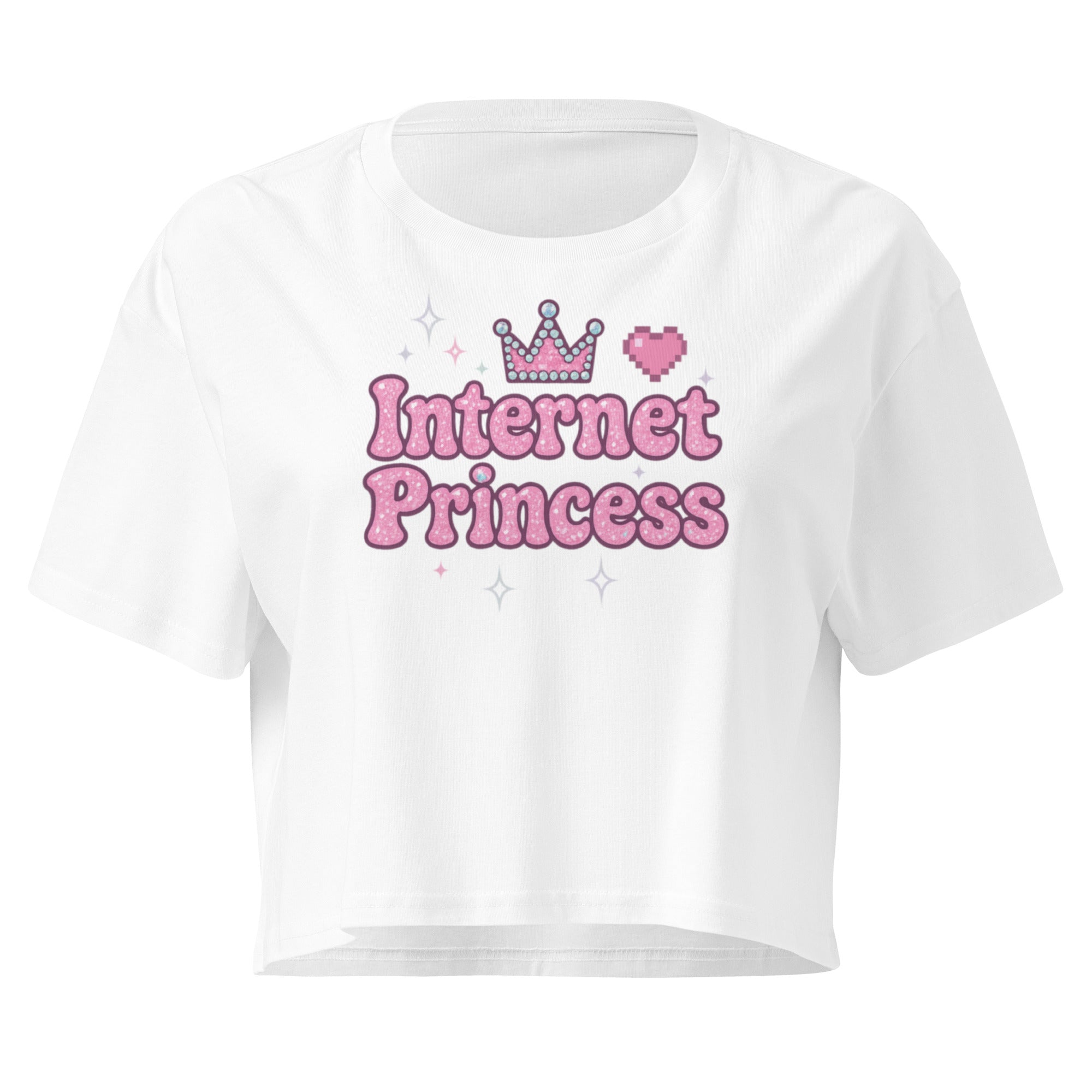 Internet Princess white crop top front product mockup with pink bubble lettering, crown and pixel heart graphic