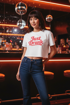 Model wearing the retro script crop top in a night-out scene