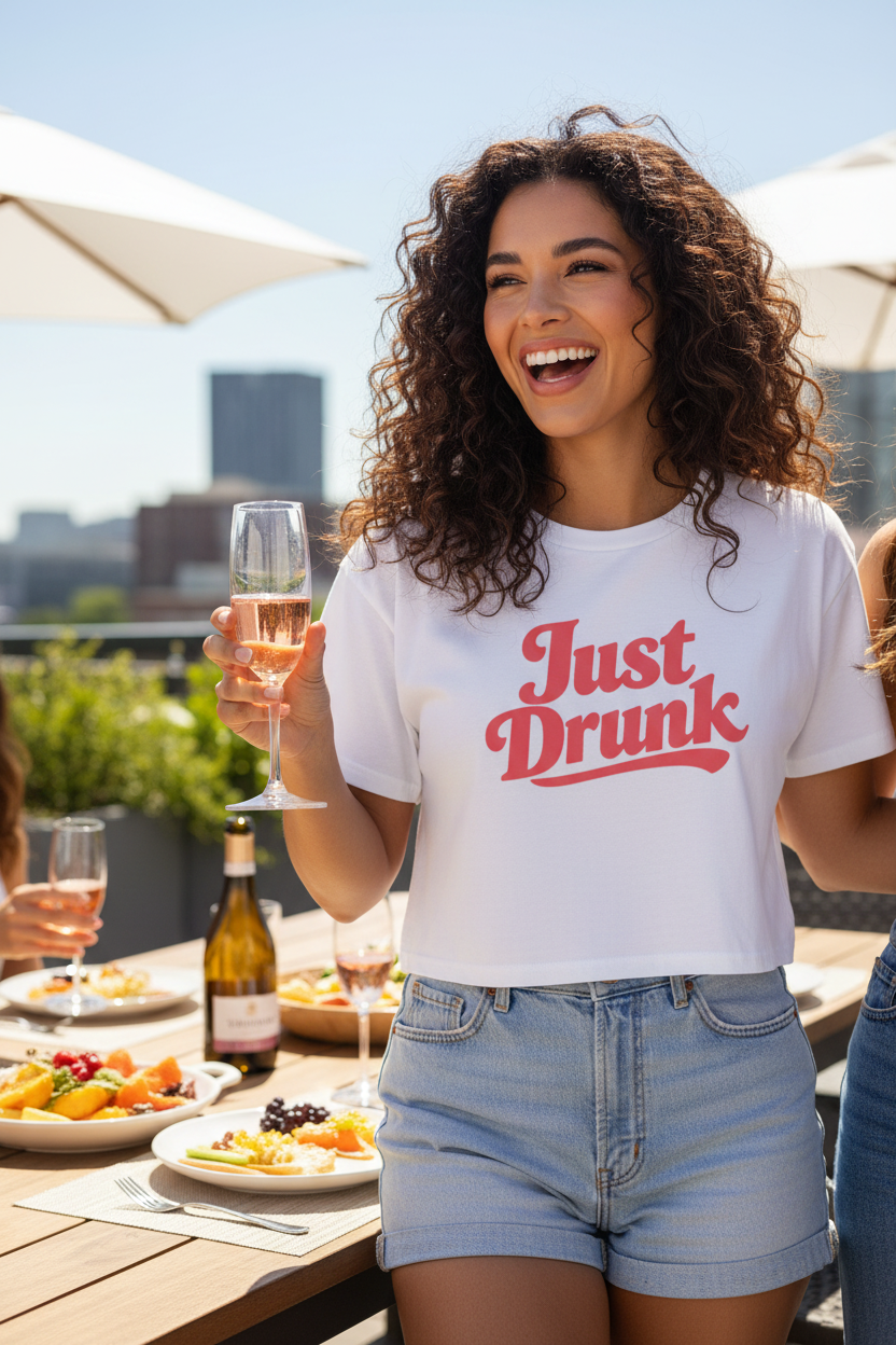 Model wearing the retro script crop top outdoors with denim shorts