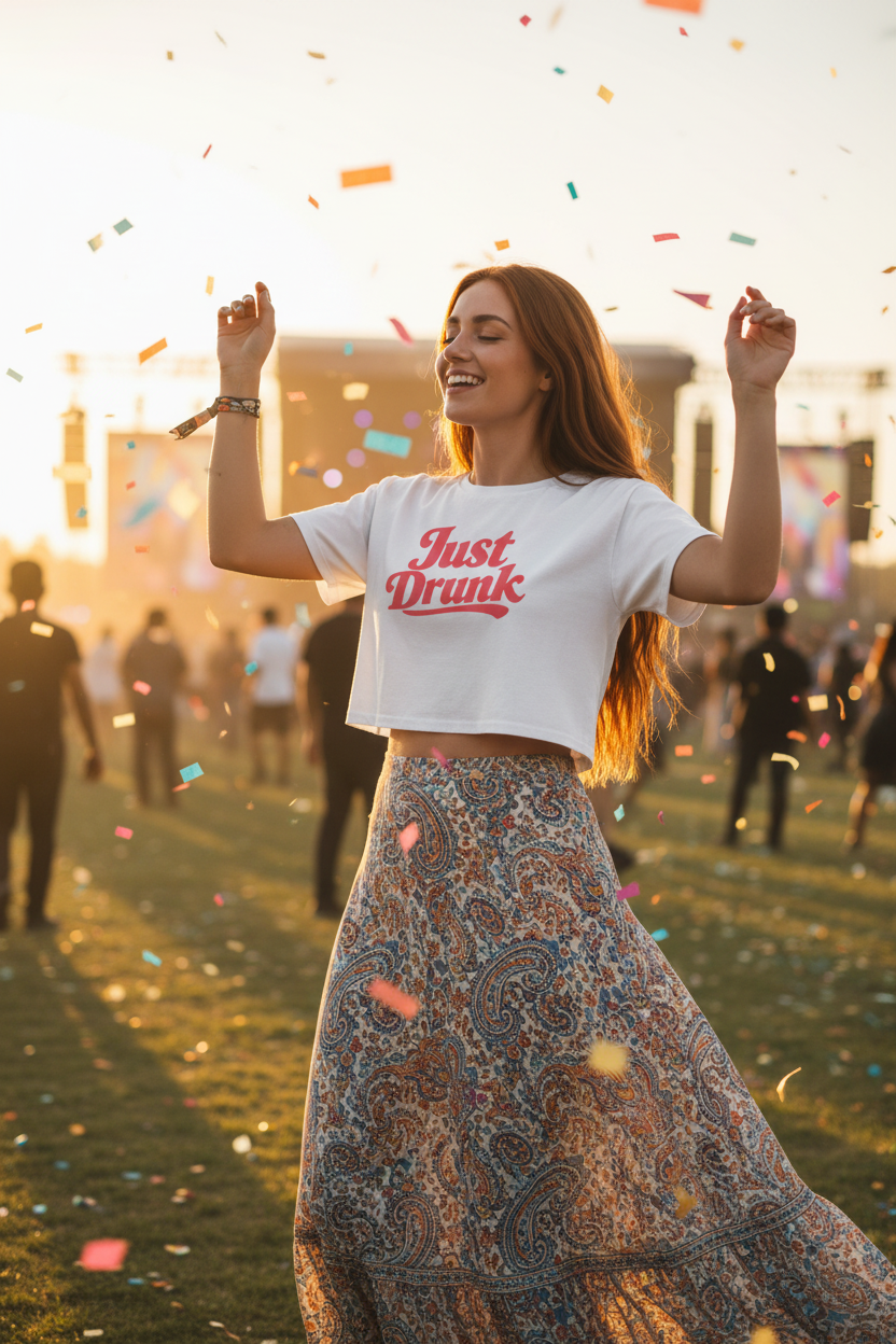 Just Drunk retro script crop top with bold pink party quote