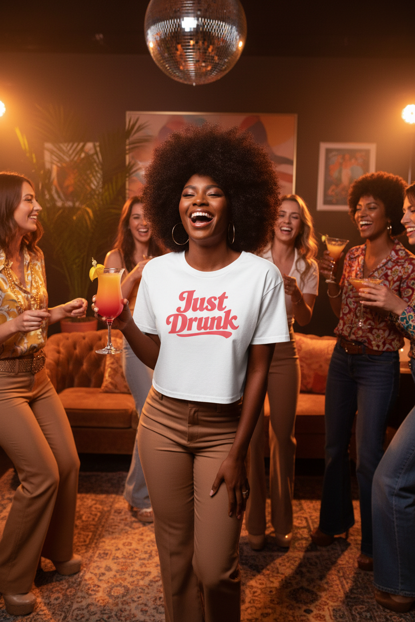 Model wearing the retro script crop top in a warm lounge scene