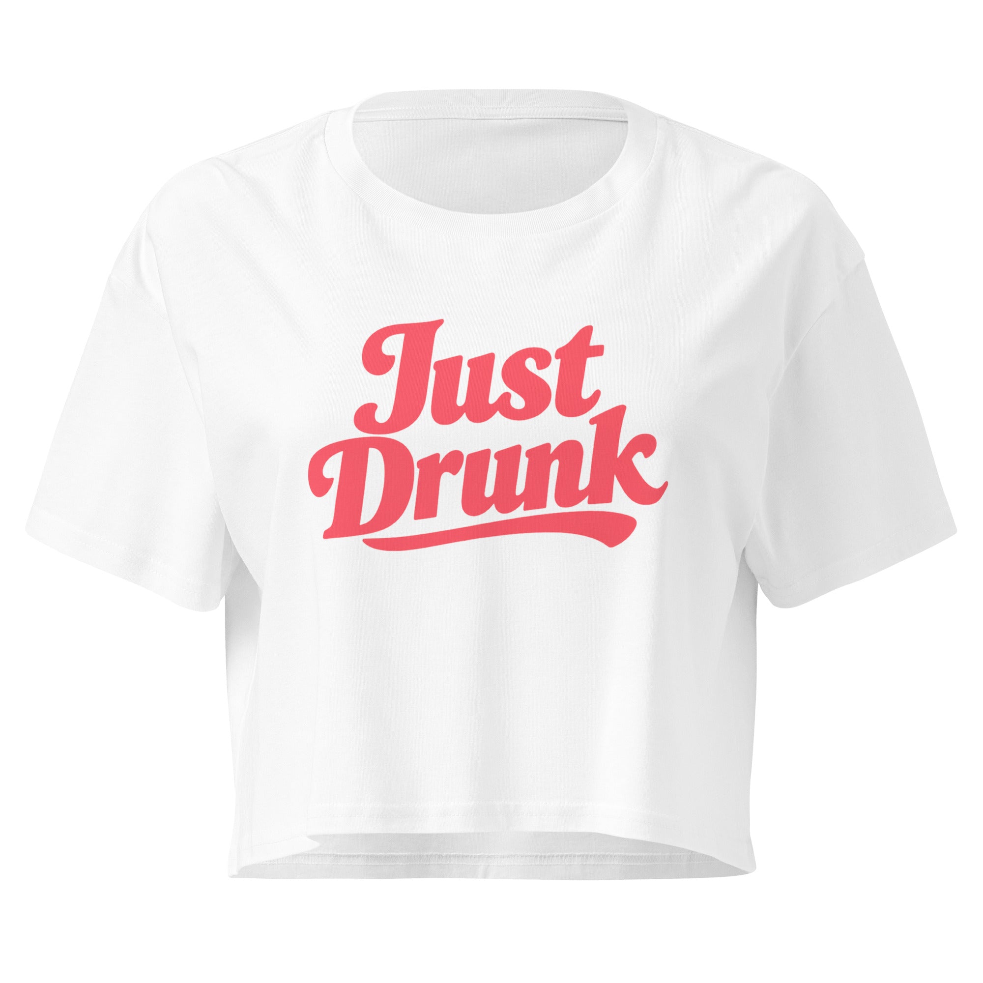 White crop top front product mockup with bold pink retro script lettering