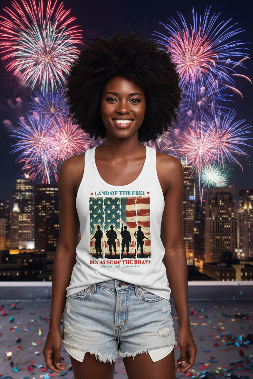 Model wearing the Land of the Free Because of the Brave Racerback Tank Top at night with fireworks in the background