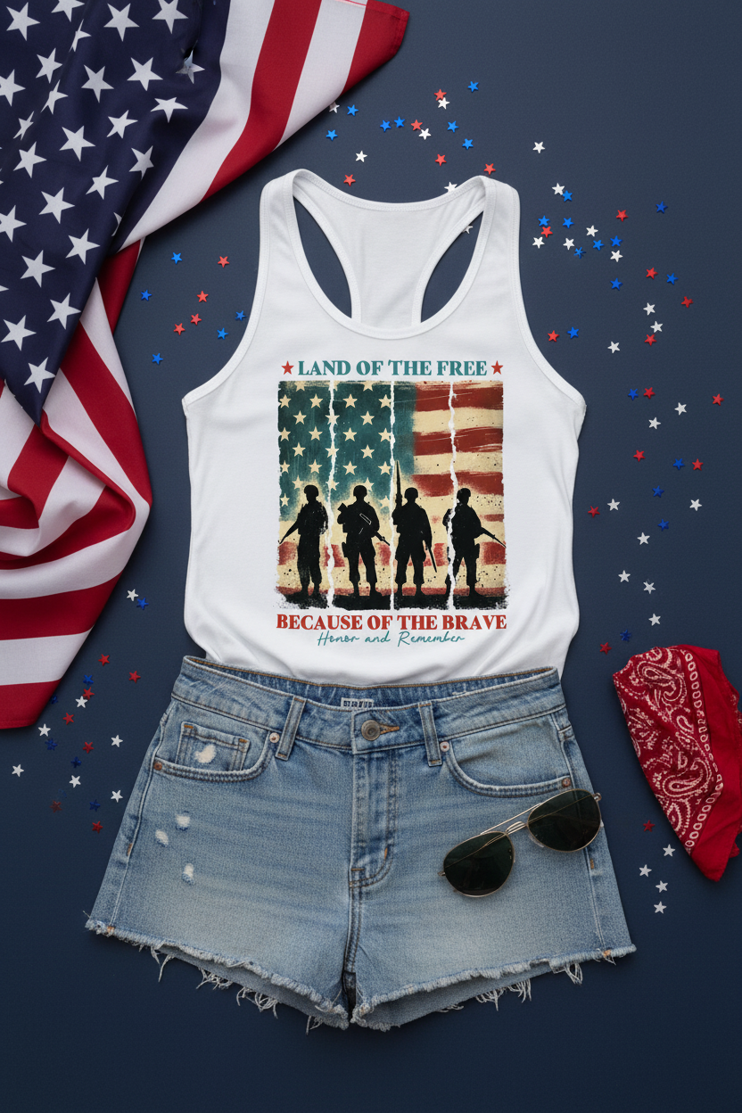 Land of the Free Because of the Brave Racerback Tank Top flat lay styled with denim shorts and an American flag