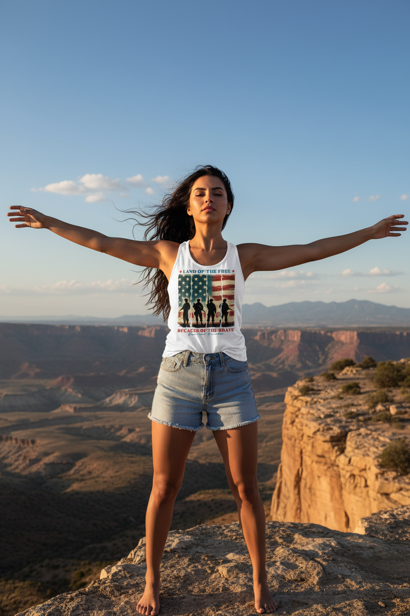 Model wearing the Land of the Free Because of the Brave Racerback Tank Top in a mountain landscape scene