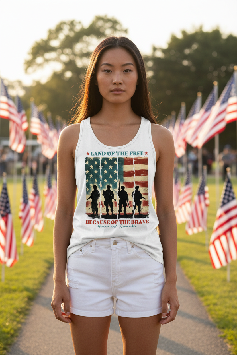 Model wearing the Land of the Free Because of the Brave Racerback Tank Top outdoors with small American flags