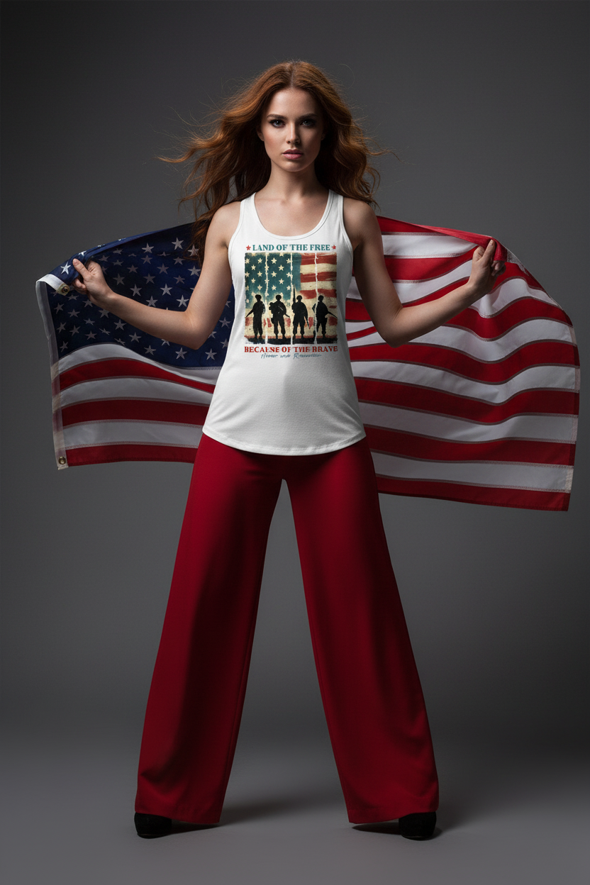 Model wearing the Land of the Free Because of the Brave Racerback Tank Top in a studio scene with a large American flag