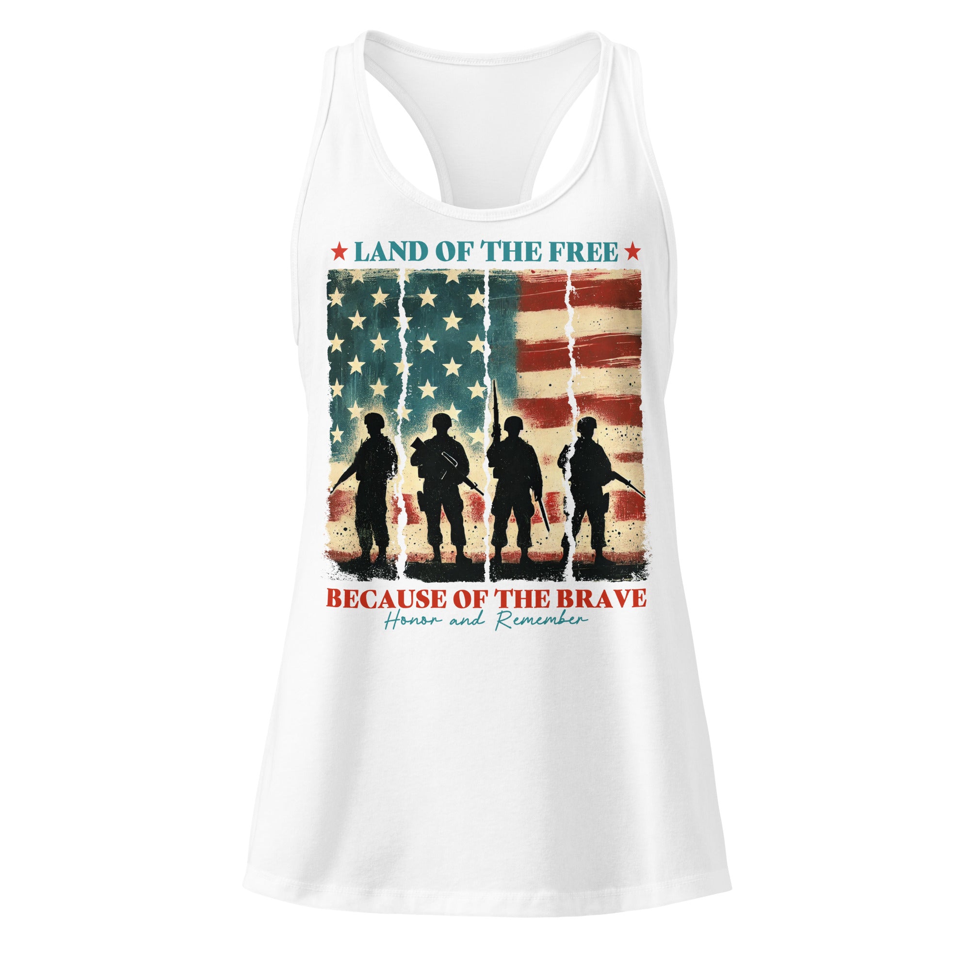 Land of the Free Because of the Brave white racerback tank top front product mockup with distressed American flag graphic