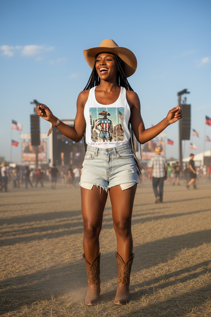 Model wearing the Loves America Western Racerback Tank Top in a desert scene holding a small American flag