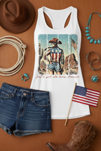 Loves America Western Racerback Tank Top flat lay styled with denim shorts and a small American flag