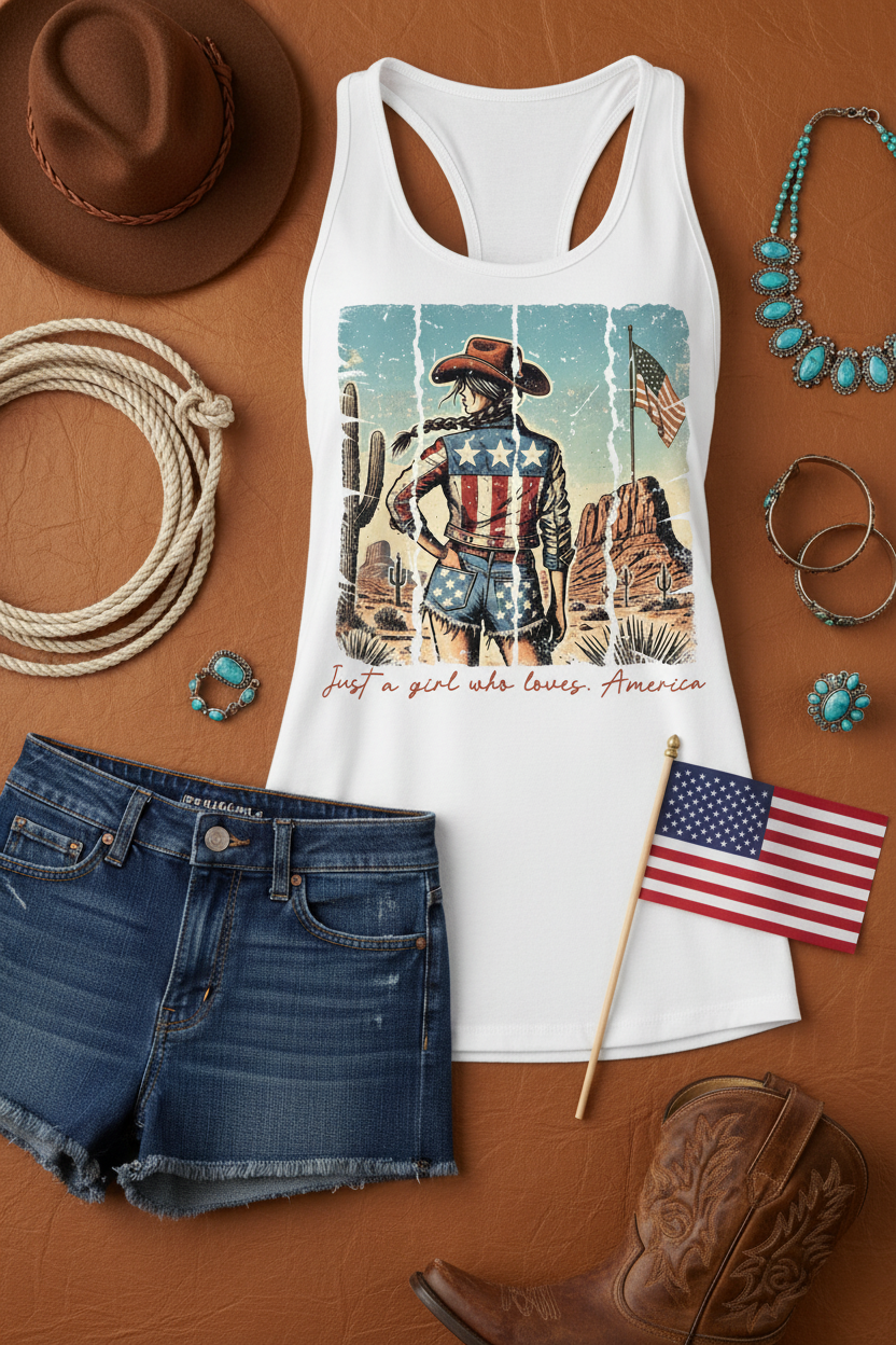 Loves America Western Racerback Tank Top flat lay styled with denim shorts and a small American flag