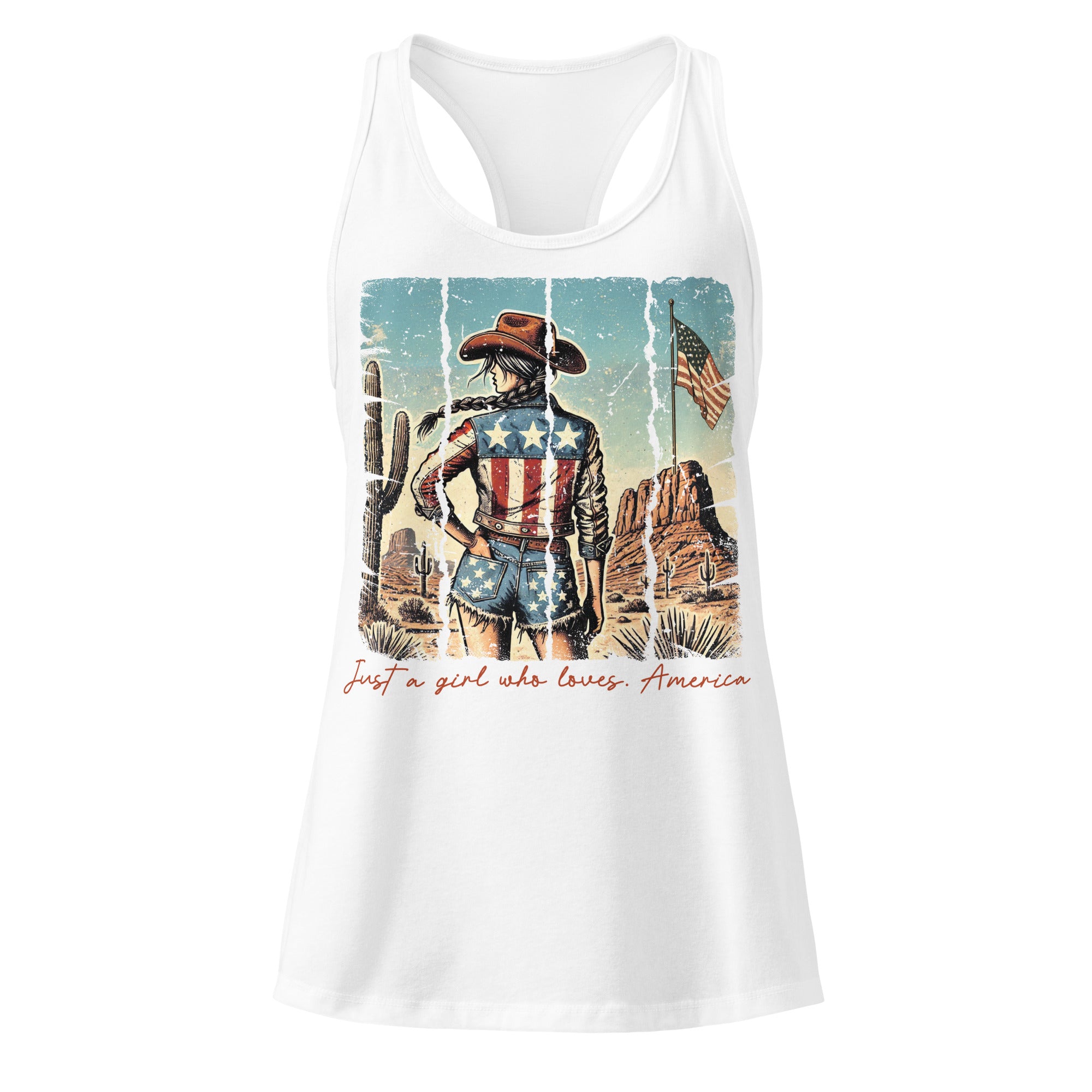 Loves America Western white racerback tank top front product mockup with vintage cowgirl desert graphic