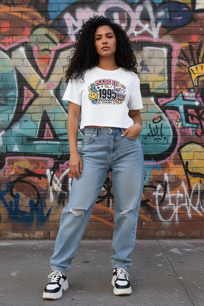 Model wearing the Made in 1995 Icon Era Crop Top in front of a colourful graffiti wall