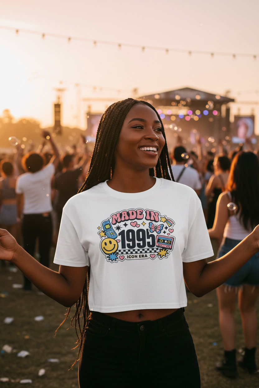 Model wearing the Made in 1995 Icon Era Crop Top in an outdoor celebration scene