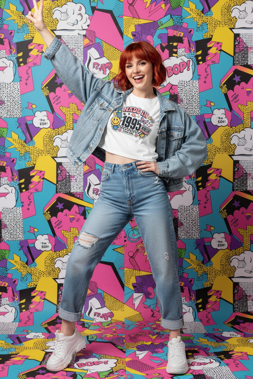Model wearing the Made in 1995 Icon Era Crop Top in a colourful pop art studio scene