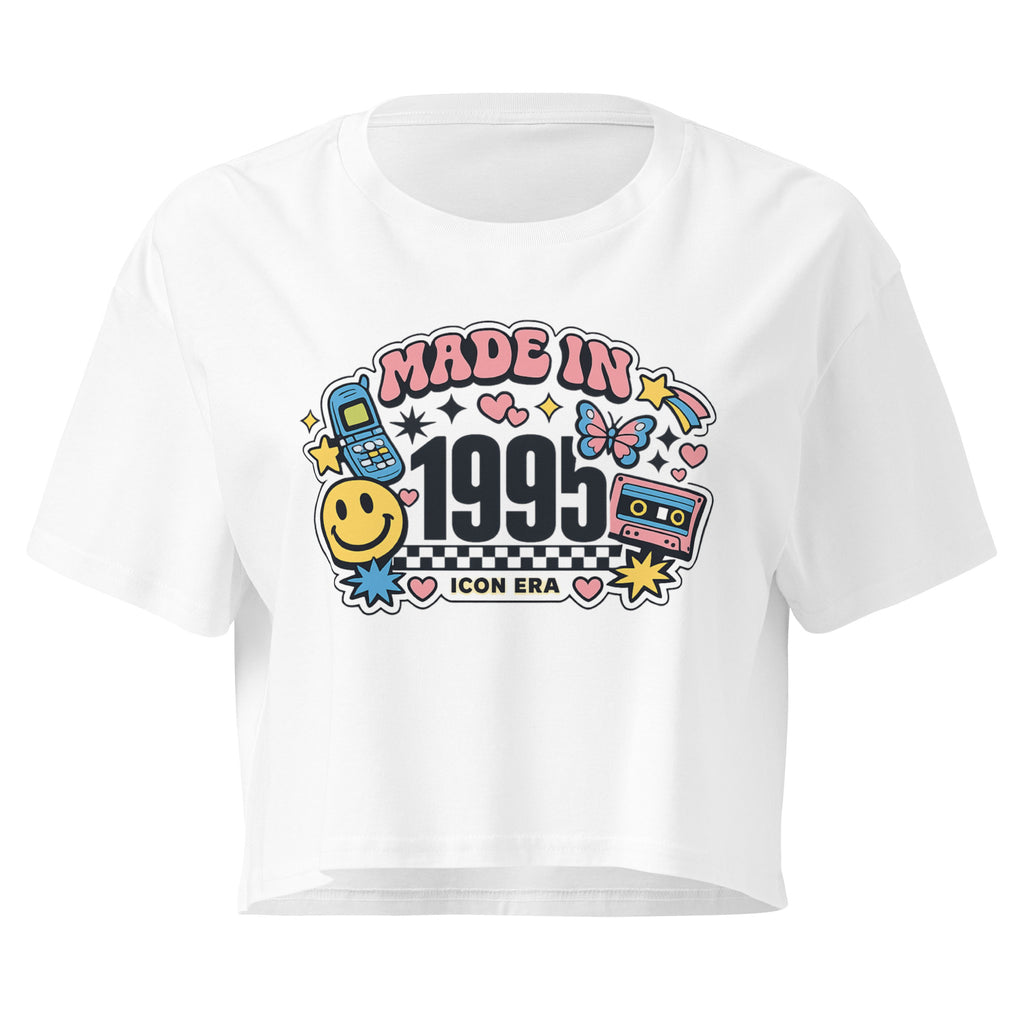 Made in 1995 Icon Era white crop top front product mockup with retro 90s birthday graphic
