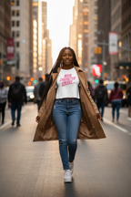 Model wearing the Main Character Energy Crop Top in a city street scene