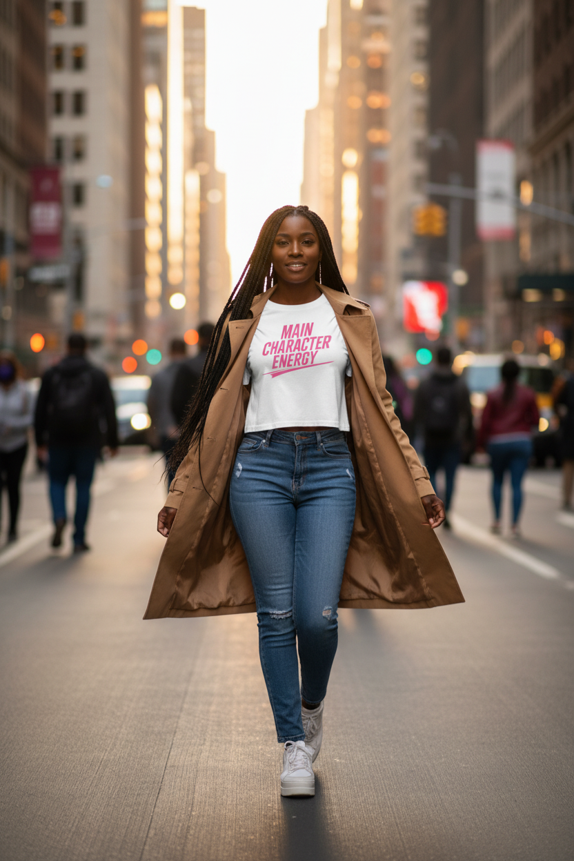 Model wearing the Main Character Energy Crop Top in a city street scene