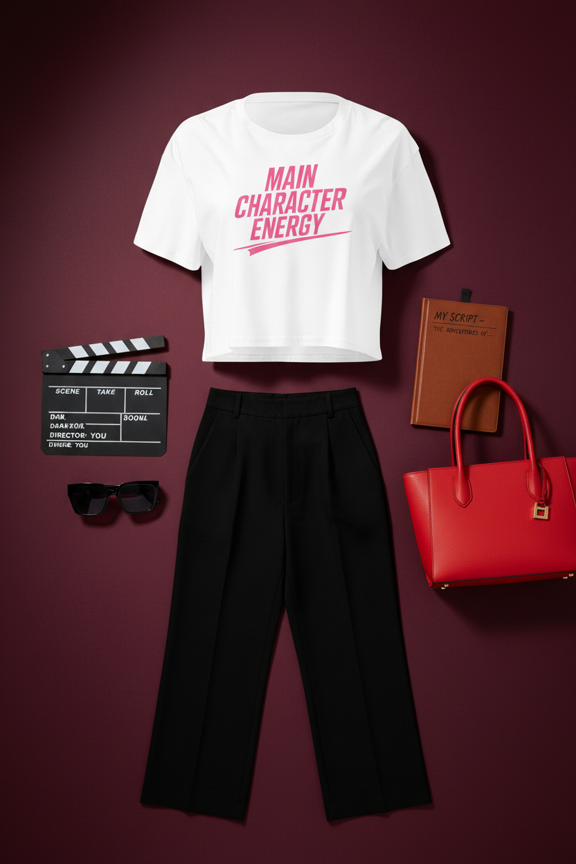 Main Character Energy Crop Top flat lay styled with black trousers and a red bag