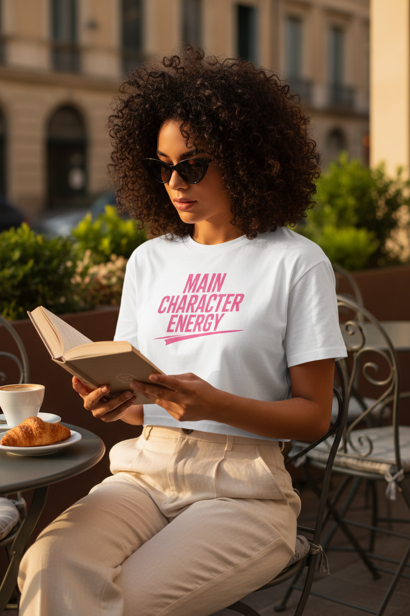 Model wearing the Main Character Energy Crop Top seated outdoors at a cafe table