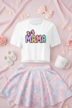 Mama Pastel Bow Crop Top flat lay styled with a pastel skirt and soft accessories