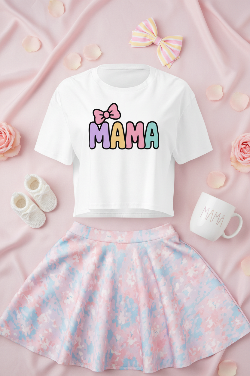 Mama Pastel Bow Crop Top flat lay styled with a pastel skirt and soft accessories