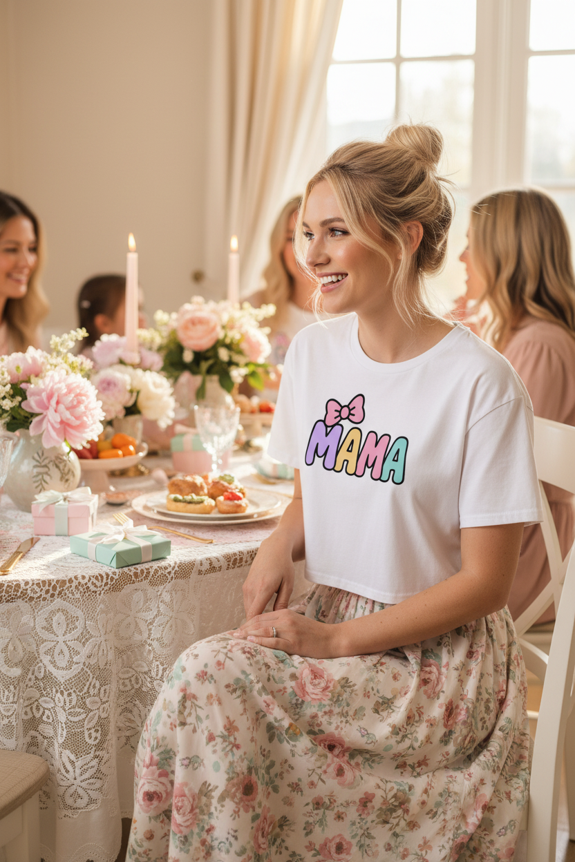 Model wearing the Mama Pastel Bow Crop Top in a soft motherhood lifestyle scene
