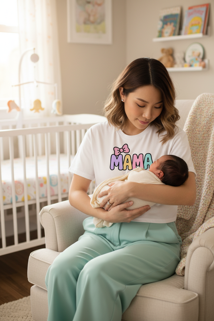 Model wearing the Mama Pastel Bow Crop Top while holding a baby in a nursery scene