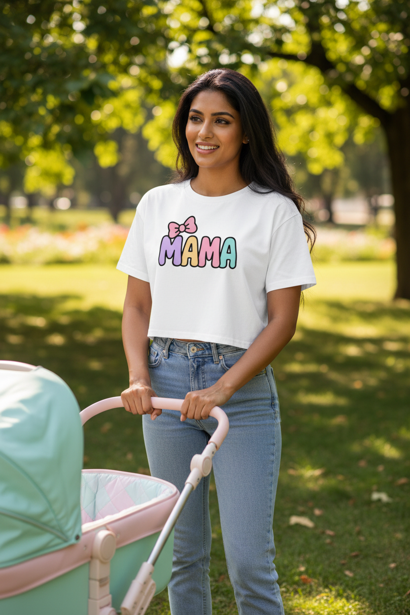 Model wearing the Mama Pastel Bow Crop Top outdoors in a park with a stroller