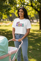 Model wearing the Mama Pastel Bow Crop Top outdoors in a park with a stroller