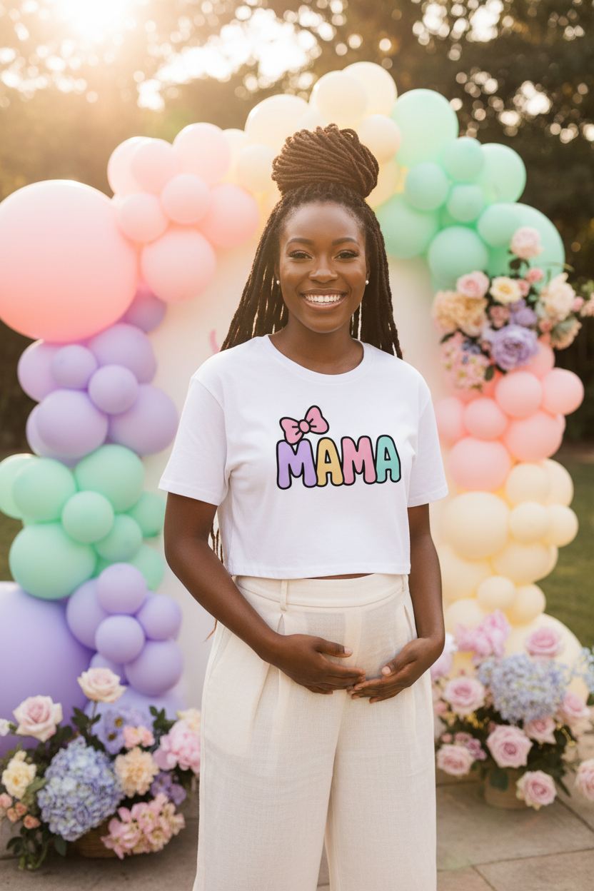 Model wearing the Mama Pastel Bow Crop Top in a pastel balloon scene