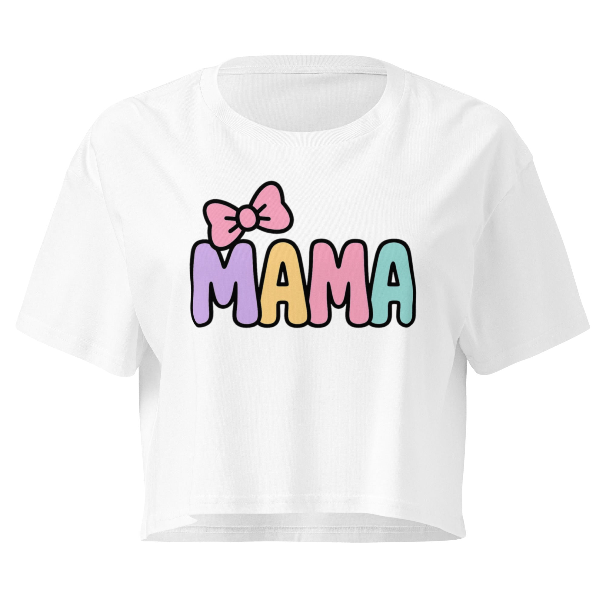 Mama Pastel Bow white crop top front product mockup with pastel bubble lettering and pink bow graphic